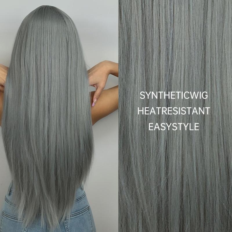 Gray Wig with Bangs 28 Inch Straight Synthetic Wig