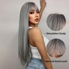 Gray Wig with Bangs 28 Inch Straight Synthetic Wig