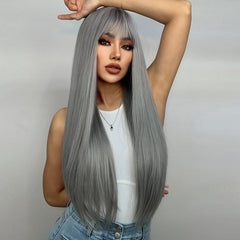 Gray Wig with Bangs 28 Inch Straight Synthetic Wig