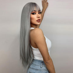 Gray Wig with Bangs 28 Inch Straight Synthetic Wig