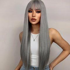 Gray Wig with Bangs 28 Inch Straight Synthetic Wig
