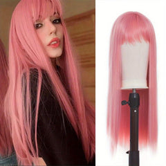 Red Long Straight Hair Wigs With Bangs Synthetic Rose Net Hair Wigs