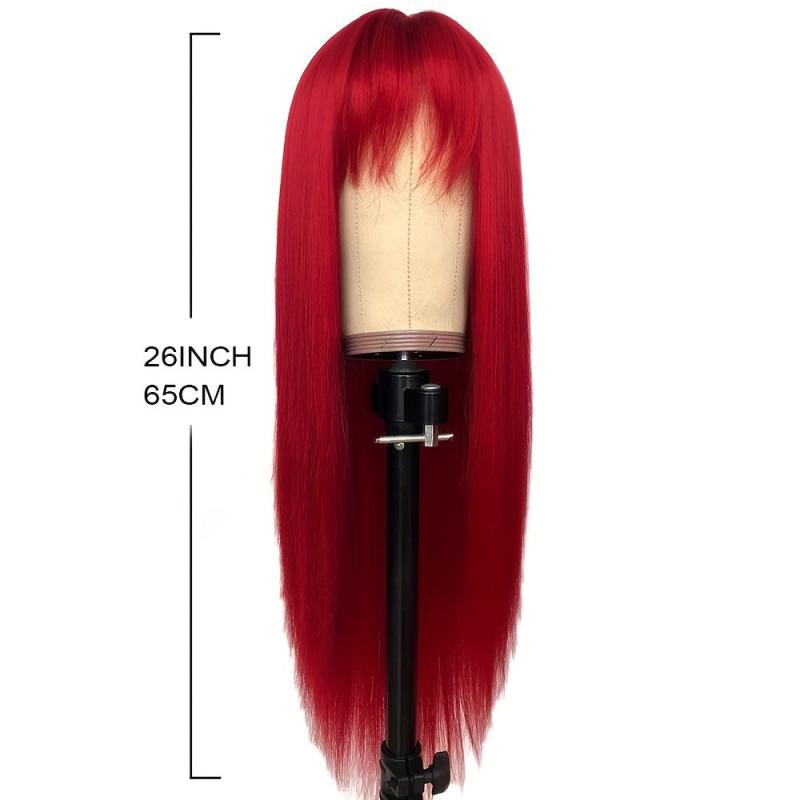 Red Long Straight Hair Wigs With Bangs Synthetic Rose Net Hair Wigs