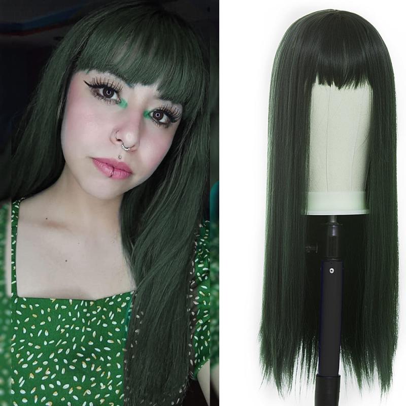 Red Long Straight Hair Wigs With Bangs Synthetic Rose Net Hair Wigs