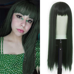Red Long Straight Hair Wigs With Bangs Synthetic Rose Net Hair Wigs