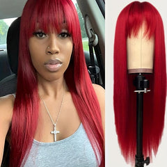 Red Long Straight Hair Wigs With Bangs Synthetic Rose Net Hair Wigs