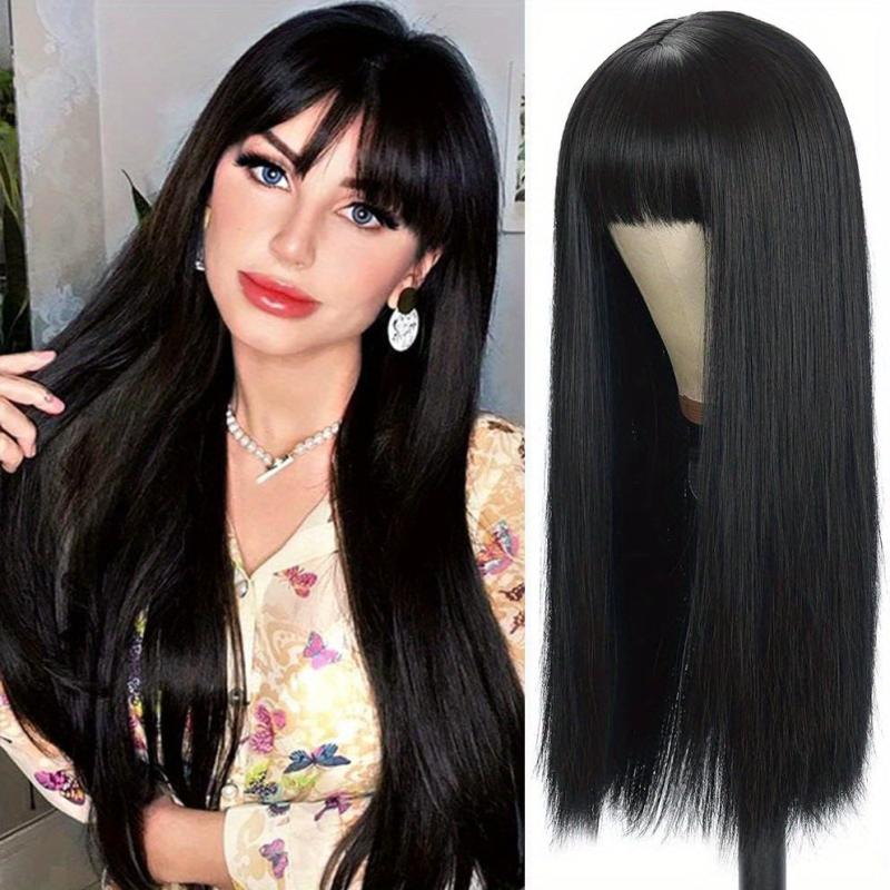 Red Long Straight Hair Wigs With Bangs Synthetic Rose Net Hair Wigs