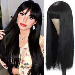 Red Long Straight Hair Wigs With Bangs Synthetic Rose Net Hair Wigs