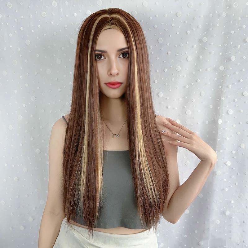 Women's Medium Length Straight Hair Three Gradient Wig Ombre Brown