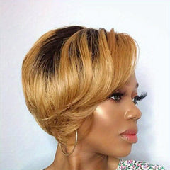 24cm Short Straight Layered Human Hair Wig with Bangs