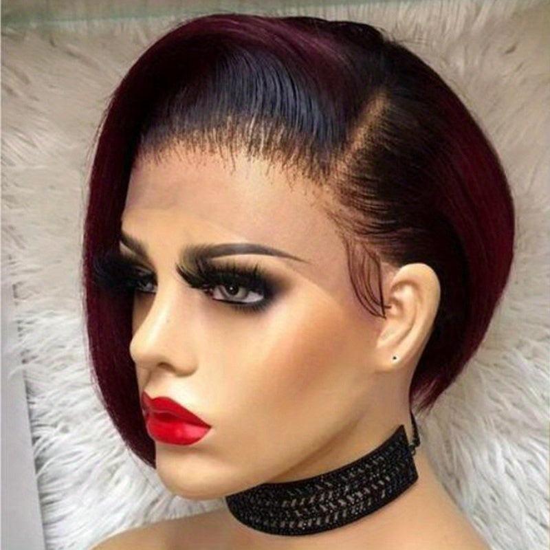 24cm Short Straight Layered Human Hair Wig with Bangs