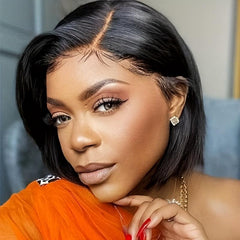 24cm Short Straight Layered Human Hair Wig with Bangs