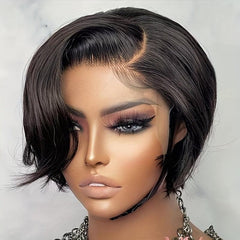 24cm Short Straight Layered Human Hair Wig with Bangs