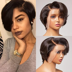 24cm Short Straight Layered Human Hair Wig with Bangs