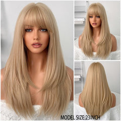 Blonde Long Silk Straight Synthetic Wig with Bangs