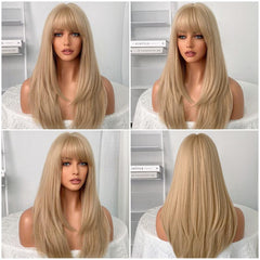 Blonde Long Silk Straight Synthetic Wig with Bangs