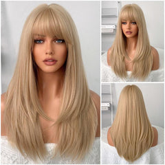 Blonde Long Silk Straight Synthetic Wig with Bangs