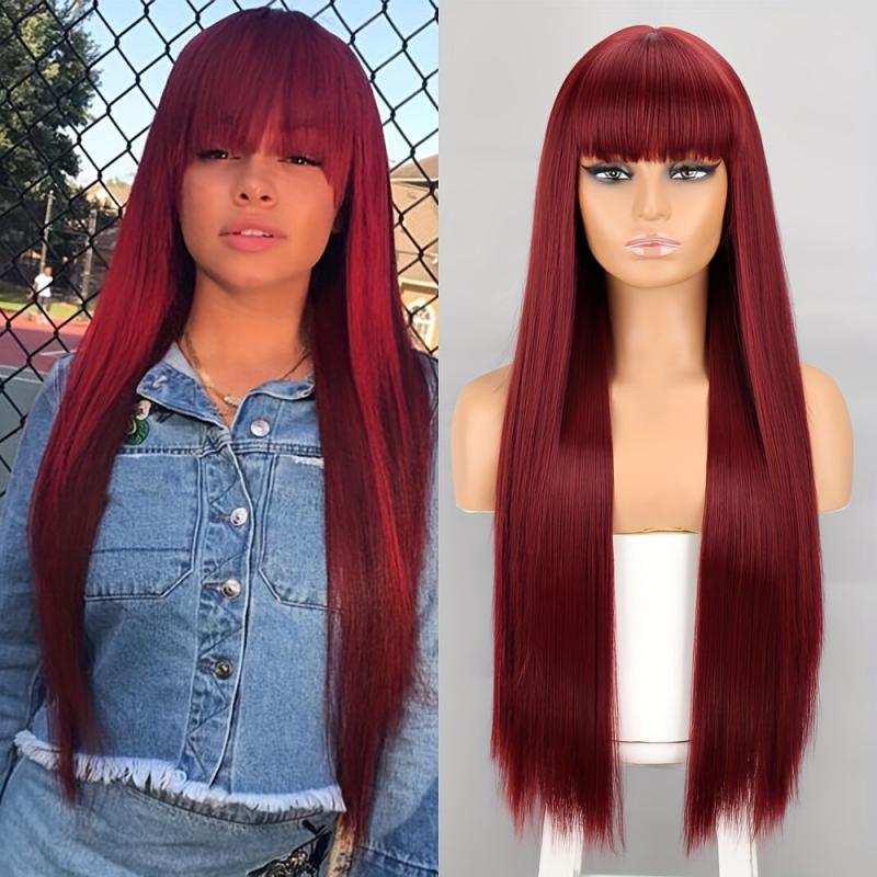 Long Straight Wig With Bangs Synthetic Wig Heat Resistant For Daily Use