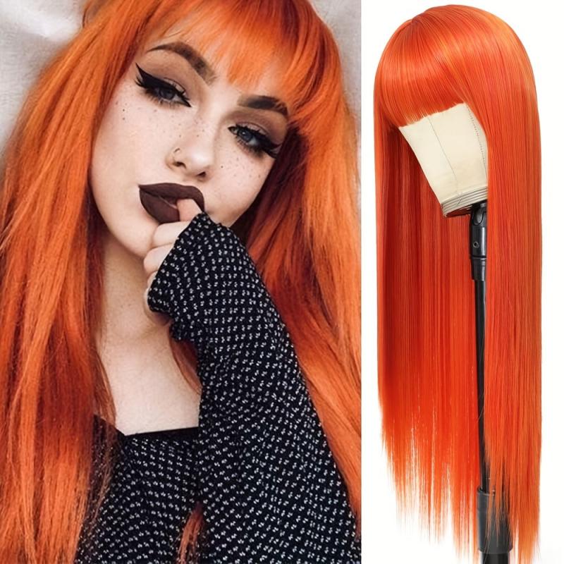 Long Straight Wig With Bangs Synthetic Wig Heat Resistant For Daily Use