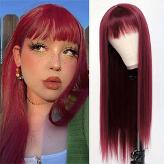 Long Straight Wig With Bangs Synthetic Wig Heat Resistant For Daily Use