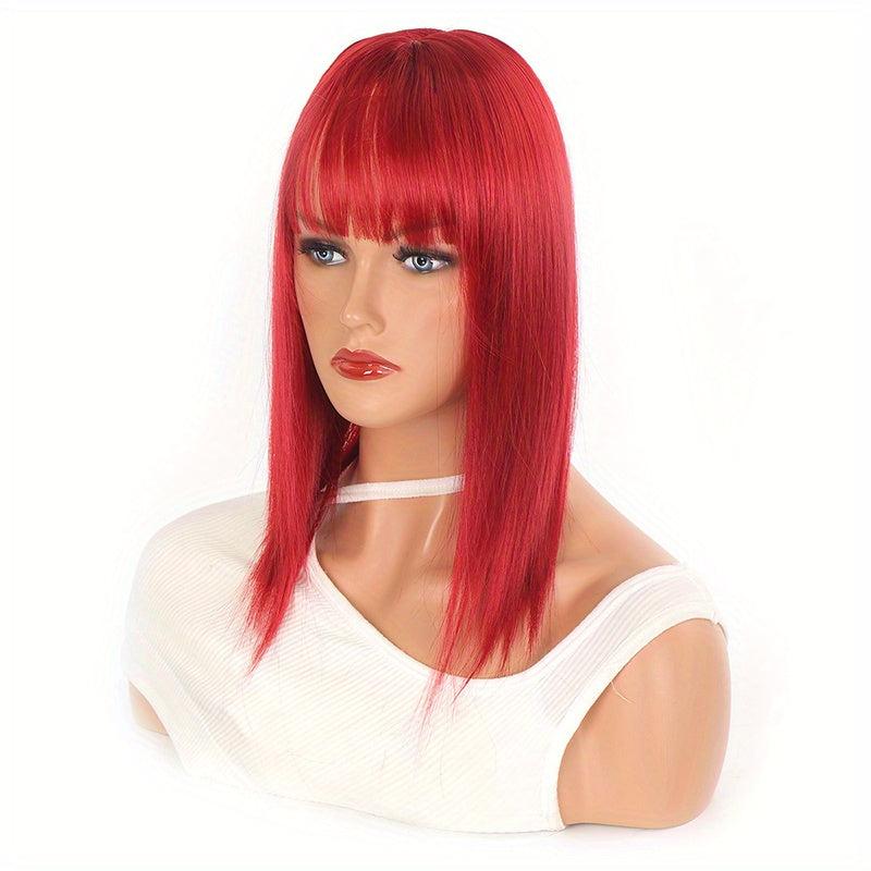 Short Straight Wig with Bangs Heat Resistant Synthetic Topper Closure for Women
