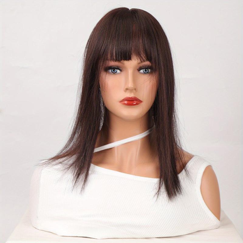 Short Straight Wig with Bangs Heat Resistant Synthetic Topper Closure for Women