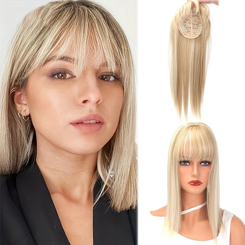 Short Straight Wig with Bangs Heat Resistant Synthetic Topper Closure for Women
