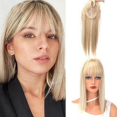 Short Straight Wig with Bangs Heat Resistant Synthetic Topper Closure for Women