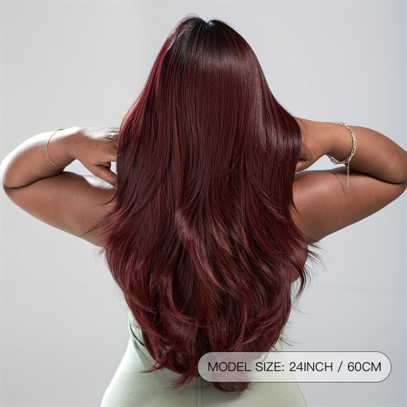 Long Wavy Burgundy Synthetic Hair Wig with Fringe for Women 60 96 cm