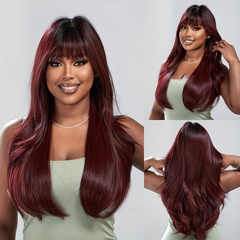Long Wavy Burgundy Synthetic Hair Wig with Fringe for Women 60 96 cm