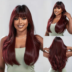Long Wavy Burgundy Synthetic Hair Wig with Fringe for Women 60 96 cm
