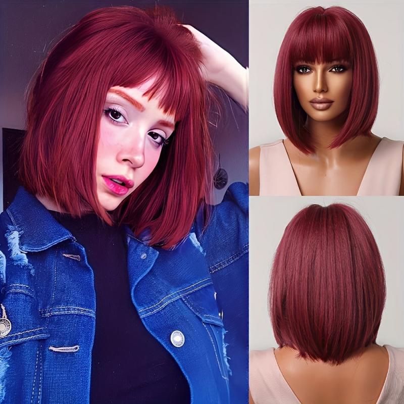 Burgundy Straight Bob Wigs With Bangs 30 48cm