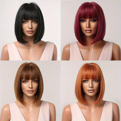 Burgundy Straight Bob Wigs With Bangs 30 48cm