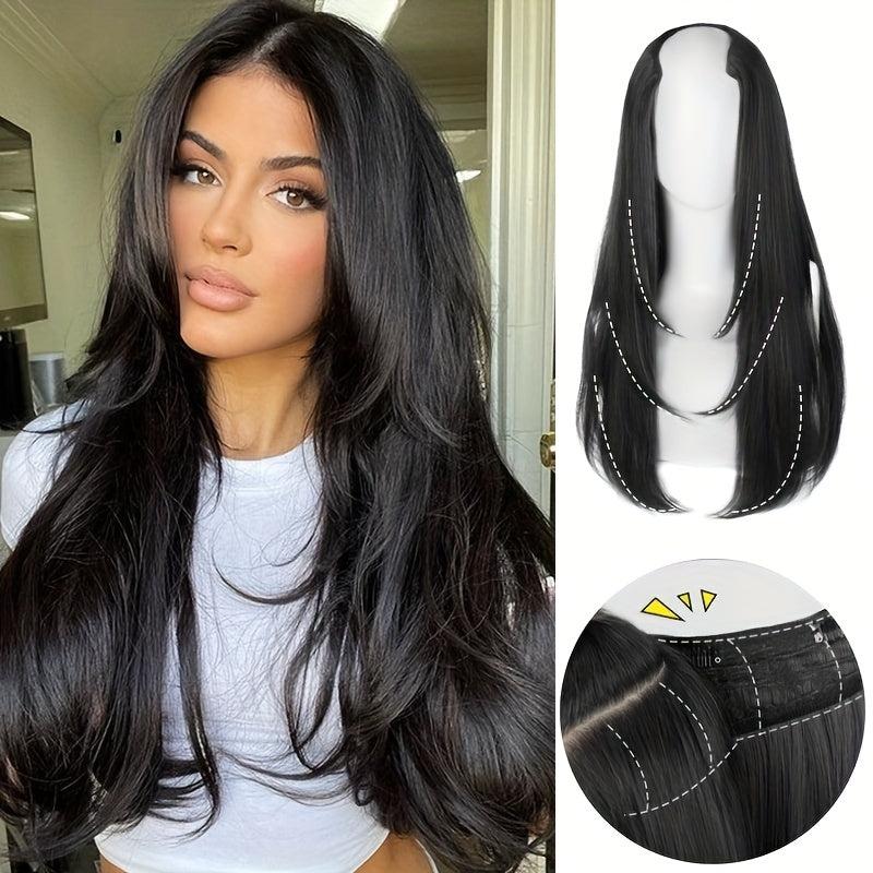 Invisible U Shaped Synthetic Hair Extensions 4 Clips Long Straight Hair Pieces