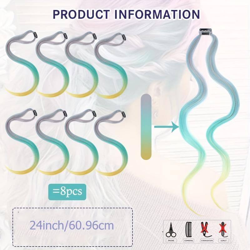 8pcs Long Curly Wavy Hair Extensions Party Highlight Clip In Y2K Synthetic Fiber
