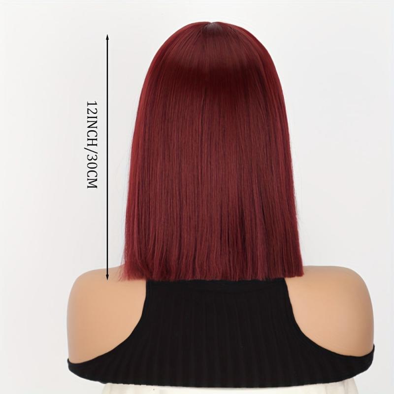 Short Burgundy Bob Wig with Bangs for Women