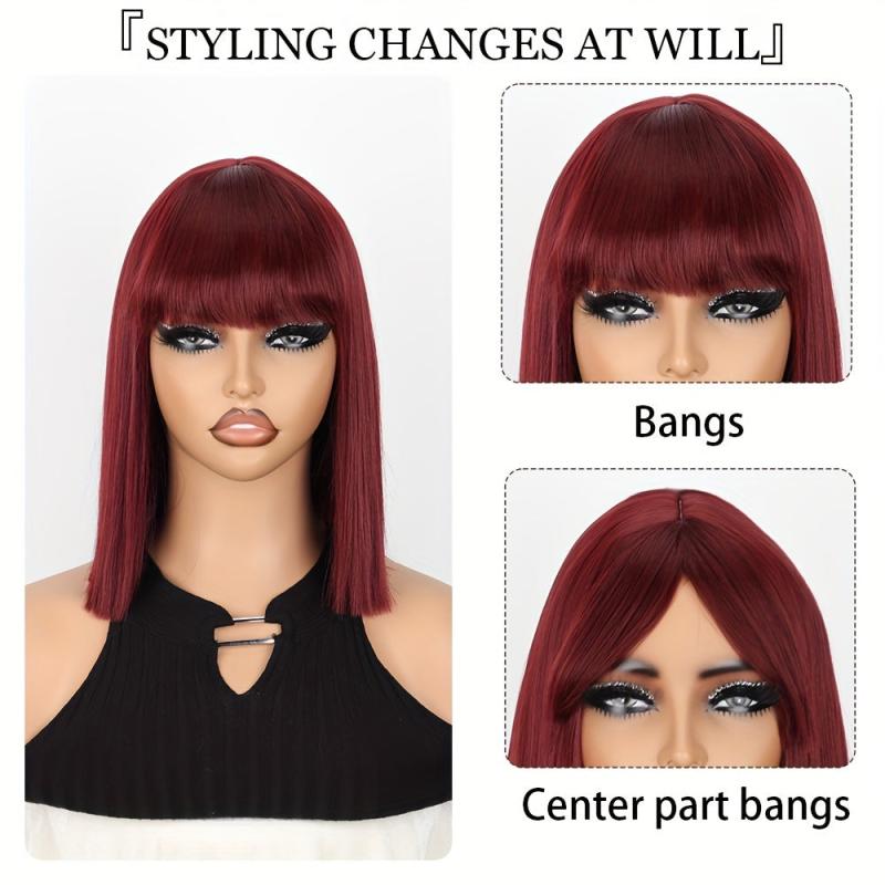 Short Burgundy Bob Wig with Bangs for Women