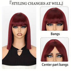 Short Burgundy Bob Wig with Bangs for Women
