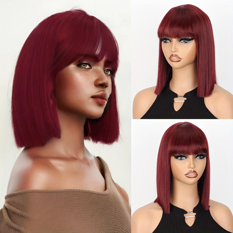Short Burgundy Bob Wig with Bangs for Women