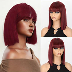 Short Burgundy Bob Wig with Bangs for Women