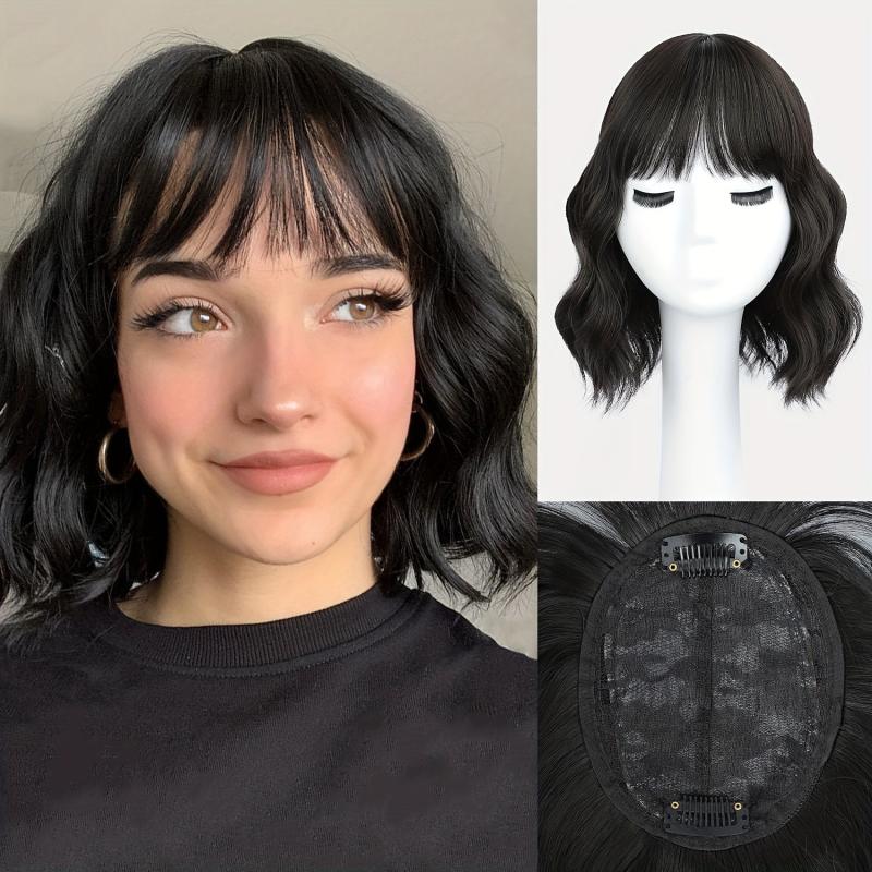 Wavy Hair Topper with Bangs Natural Wave Crown Toppers Clip In Hairpiece