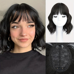 Wavy Hair Topper with Bangs Natural Wave Crown Toppers Clip In Hairpiece