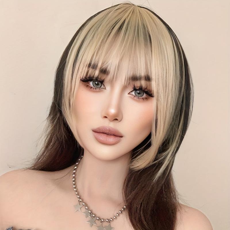 Blonde Pink Bangs Synthetic Hair Wigs Replacement For Women Costume Wig