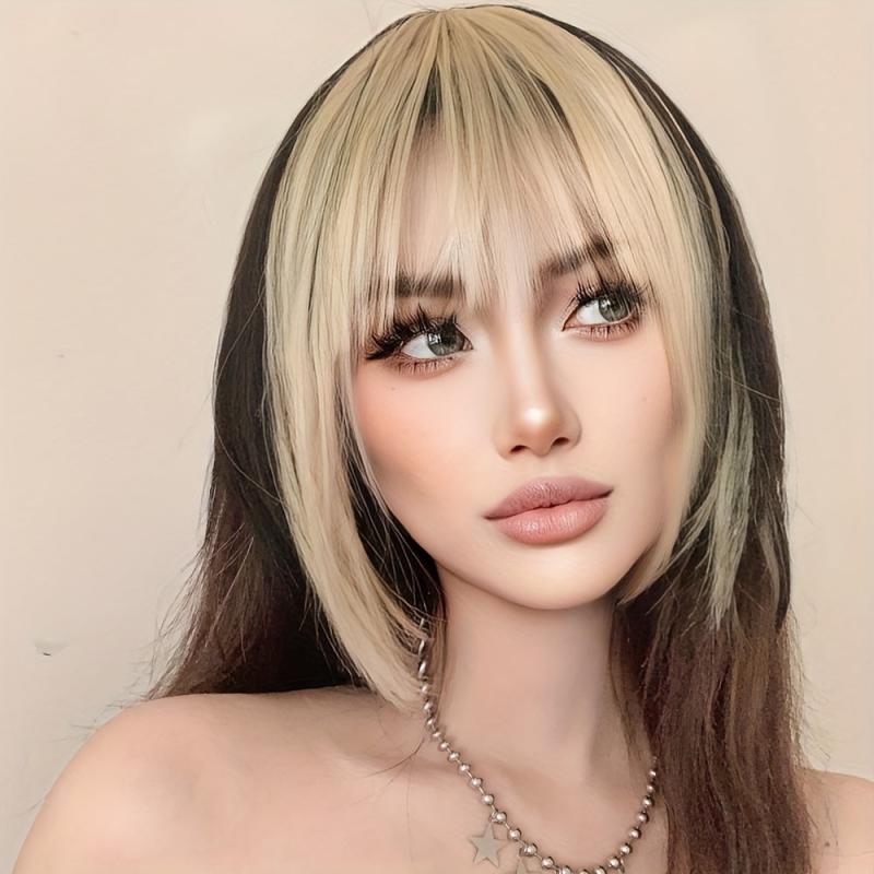Blonde Pink Bangs Synthetic Hair Wigs Replacement For Women Costume Wig