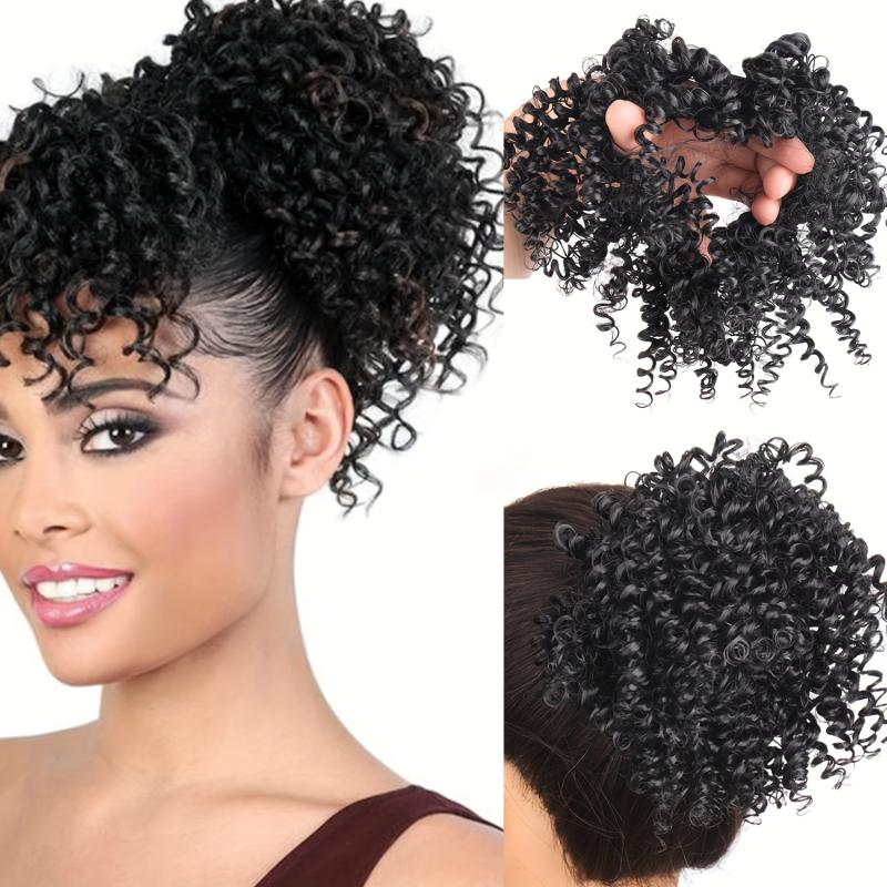Afro Kinky Curly Ponytail Extensions Synthetic Hair Bun Updo with Elastic Band