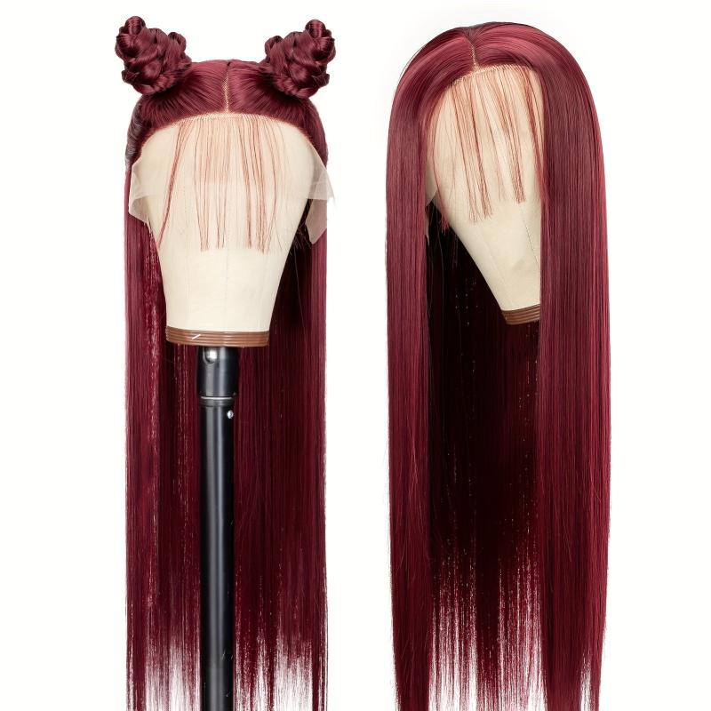 Burgundy Long Bone Straight Synthetic Lace Front Wig
