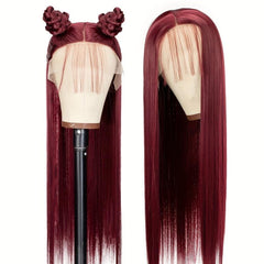 Burgundy Long Bone Straight Synthetic Lace Front Wig