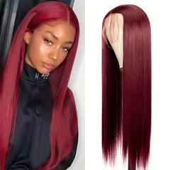 Burgundy Long Bone Straight Synthetic Lace Front Wig