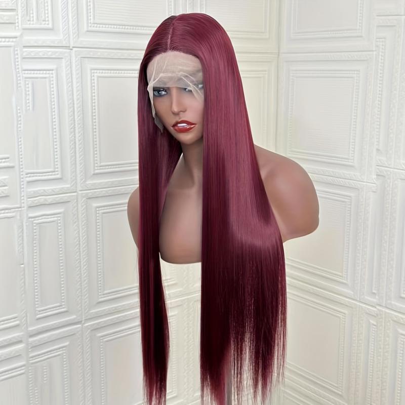 Burgundy Long Bone Straight Synthetic Lace Front Wig