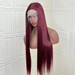 Burgundy Long Bone Straight Synthetic Lace Front Wig